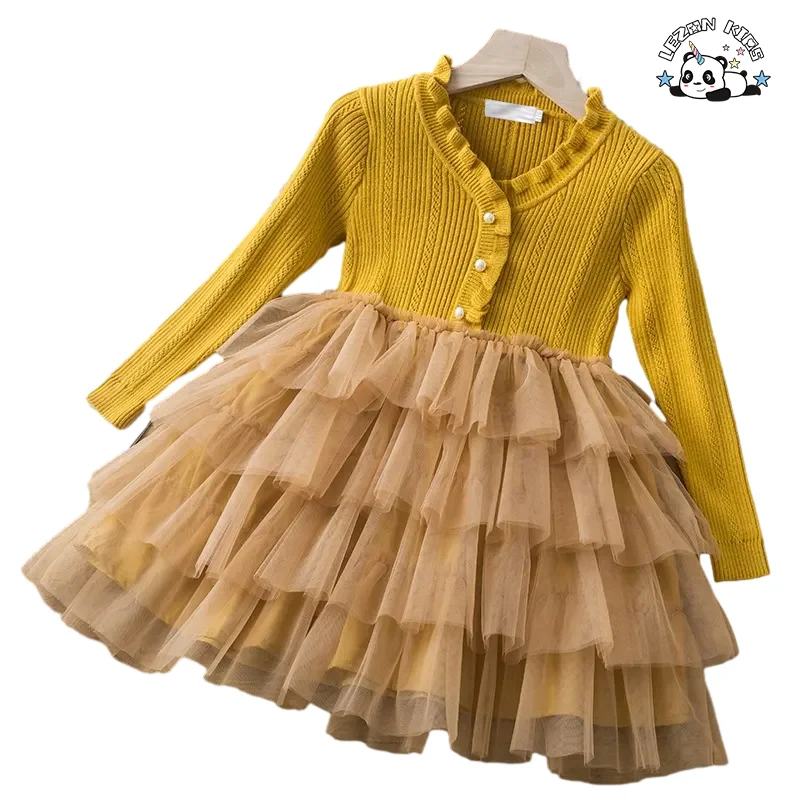 LEZONKIDS - New Spring Autumn Knitted Cake Dress Red French Long Sleeve Casual Korean Style Girls Dress with Custom Logo ODM Supply